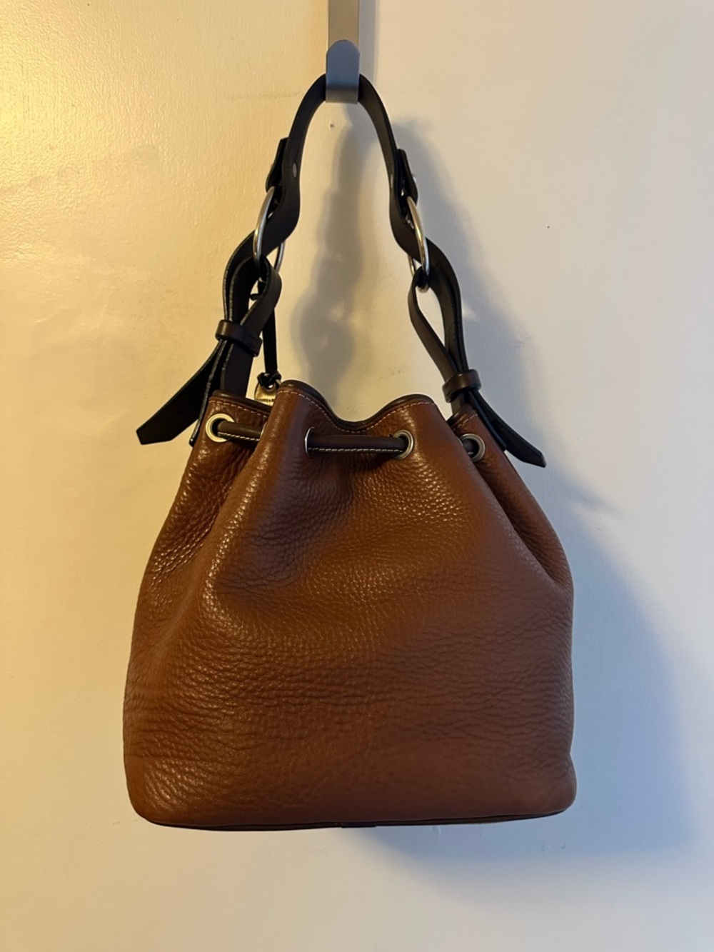 Dooney & Bourke Brown Leather Drawstring Shoulder Bag with Dark Brown Trim - Picture 6 of 16